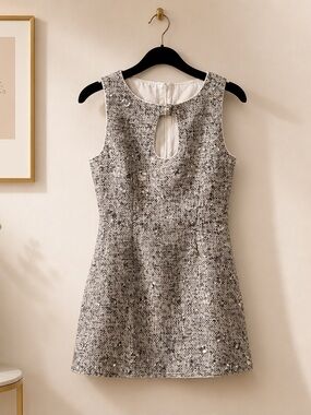 Sleeveless Black & White Textured Keyhole Mini Dress